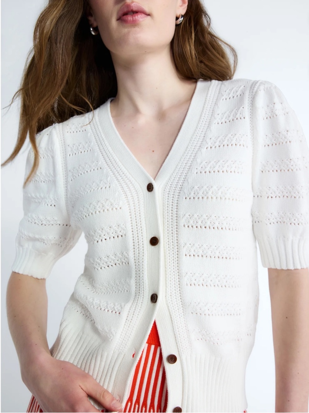 NWT White V-Neck Cotton Knit Button-Front Sweater